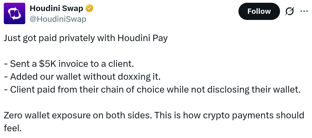Houdini Pay Lets You Accept Crypto Without Address Sharing Privacy, Payments, Bitcoin Payments, AML, Cryptocurrency Exchange, Mobile Payments, P2P Payments