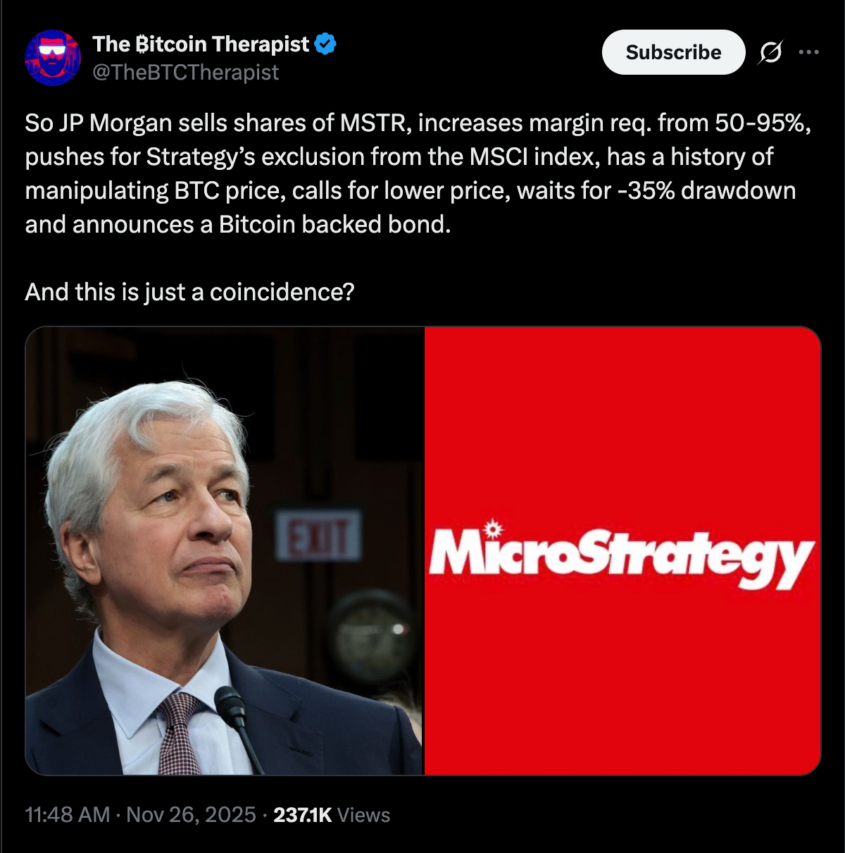 Bitcoins afirman que el producto BTC de JPMorgan compite contra MSTR Bitcoin Regulation, MicroStrategy, Bitcoin Adoption, Companies