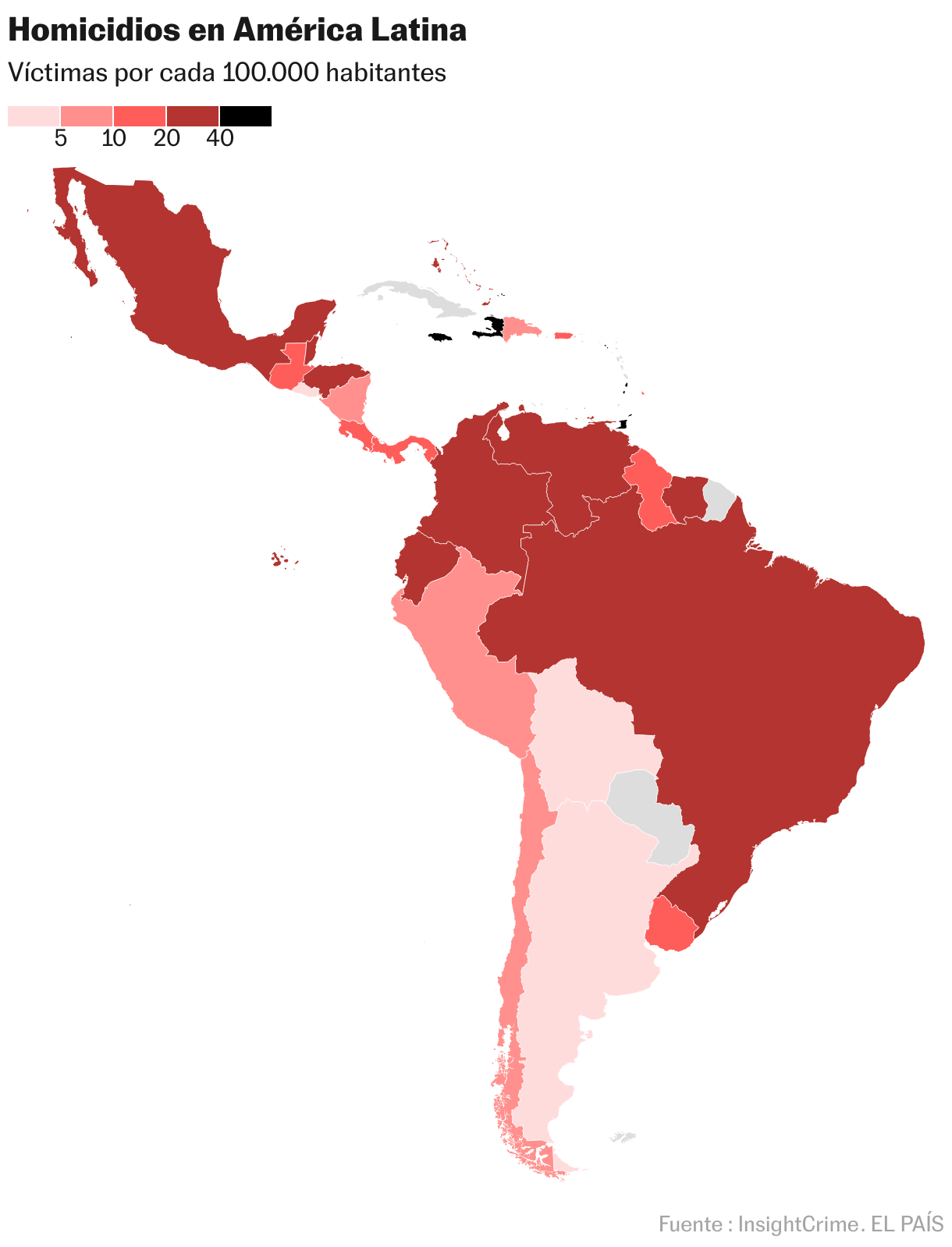 El magma criminal asfixia a América Latina Homicidios en América Latina (Mapa coroplético)