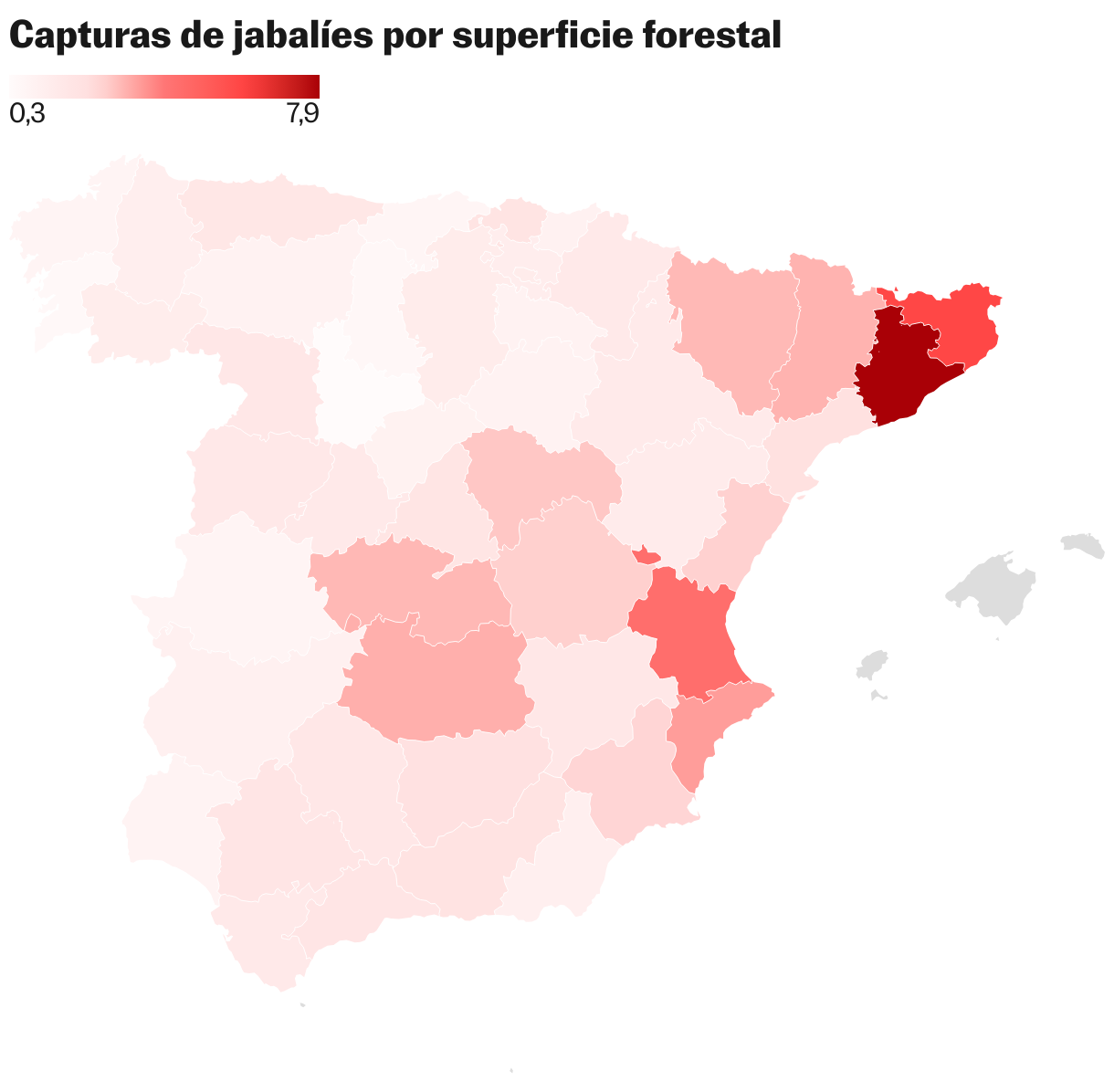 Así se ha cuadruplicado la población de jabalíes españoles en dos décadas Capturas de jabalís en la última década (Mapa coroplético)