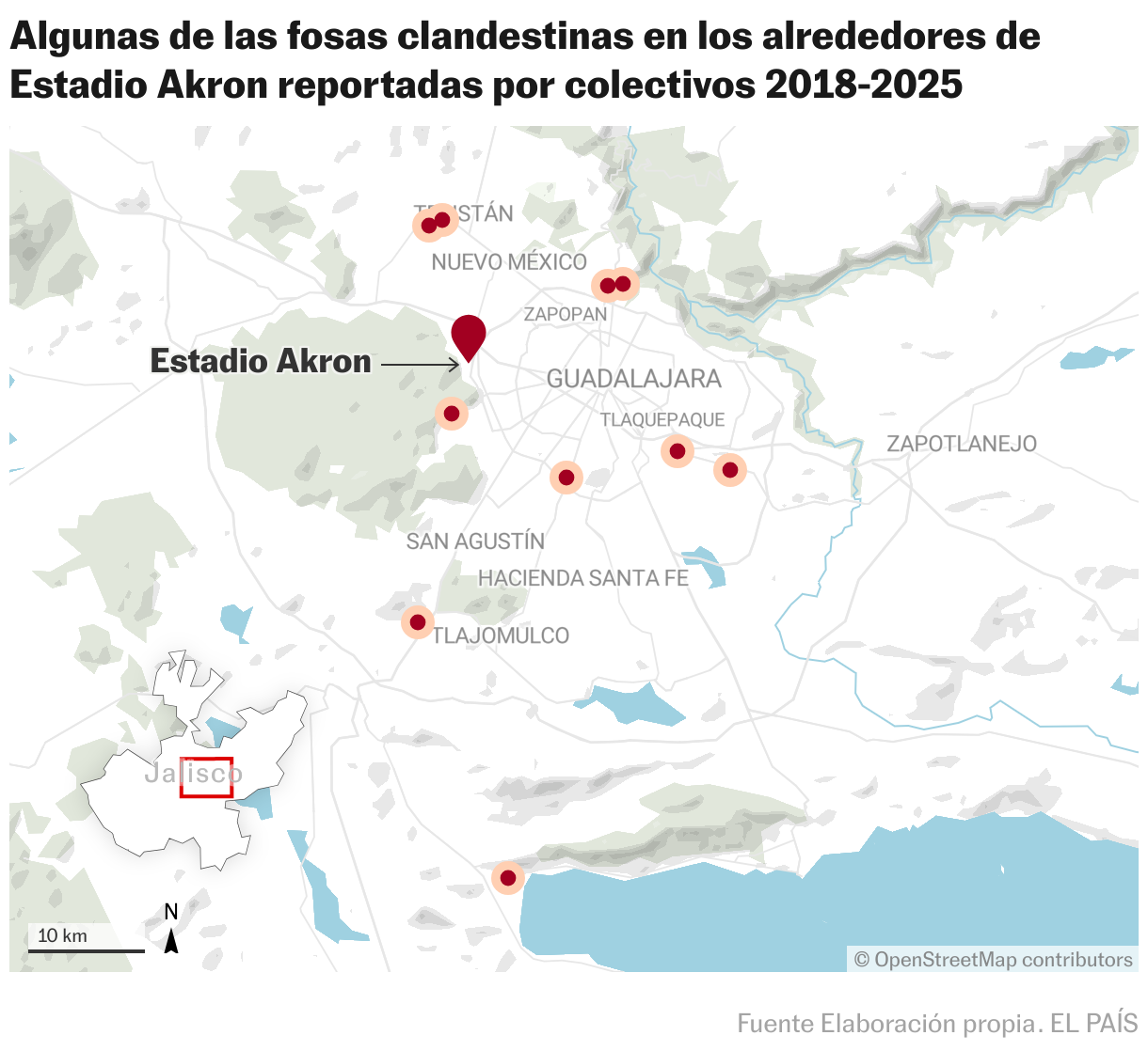 La crisis de los desaparecidos de México rodea una de las sedes del Mundial Fosas clandestinas a los alrededores de Estadio Akron (Mapas de ubicación)