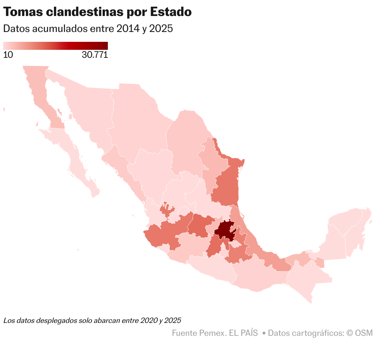 Los 9.520 piquetes de huachicol del primer año de Sheinbaum Tomas clandestinas por Estado (Mapa coroplético)