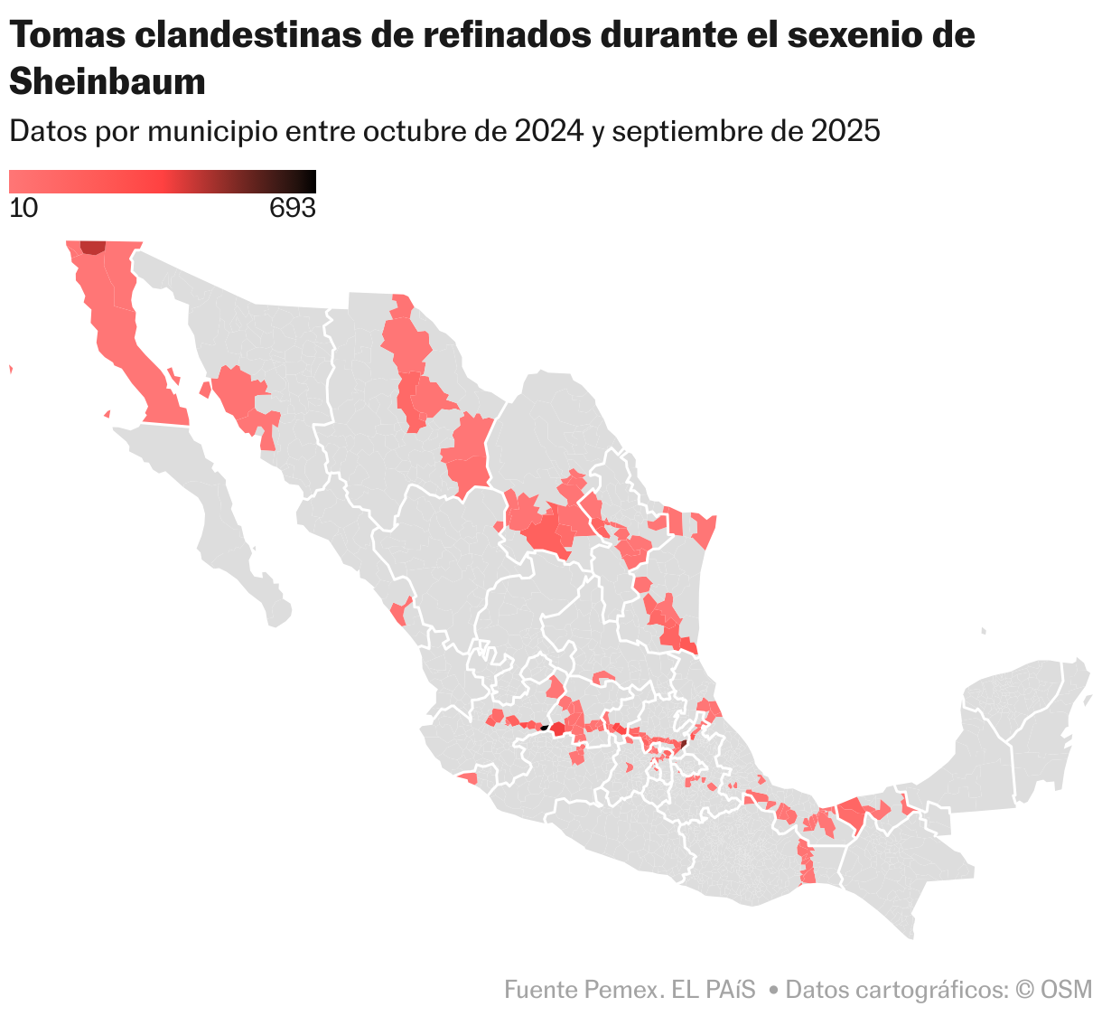 Los 9.520 piquetes de huachicol del primer año de Sheinbaum Tomas clandestinas de refinados durante el sexenio de Sheinbaum (Mapa coroplético)
