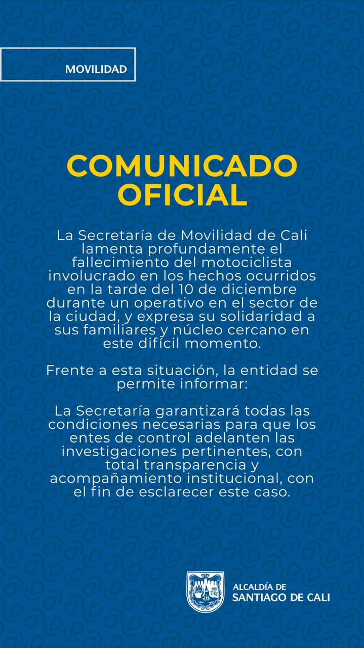 Estos son los sitios donde podrá gozar la Feria de Cali: los desfiles seguirán en la autopista Suroriental; programación en la ciudad y corregimientos Secretaría de Movilidad se pronuncia sobre muerte de un motociclista en Cali, tras un confuso operativo de control a infractores.