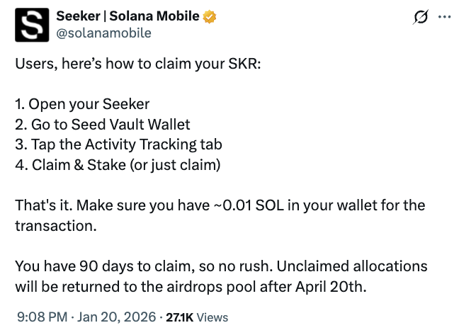 Solana Mobile lanza un airdrop de tokens SKR para los usuarios de teléfonos Seeker Solana Mobile lanza un airdrop de tokens SKR para los usuarios de teléfonos Seeker
