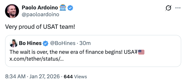 Tether presentó "USAt" bajo la nueva normativa para stablecoins de EEUU Tether presentó "USAt" bajo la nueva normativa para stablecoins de EEUU