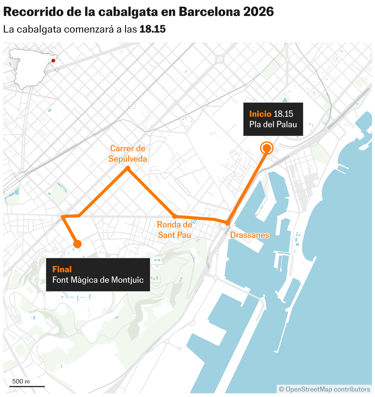 Cabalgata de Reyes Magos: horarios y recorridos Recorrido de la cabalgata en Barcelona 2026 (Mapas de ubicación)