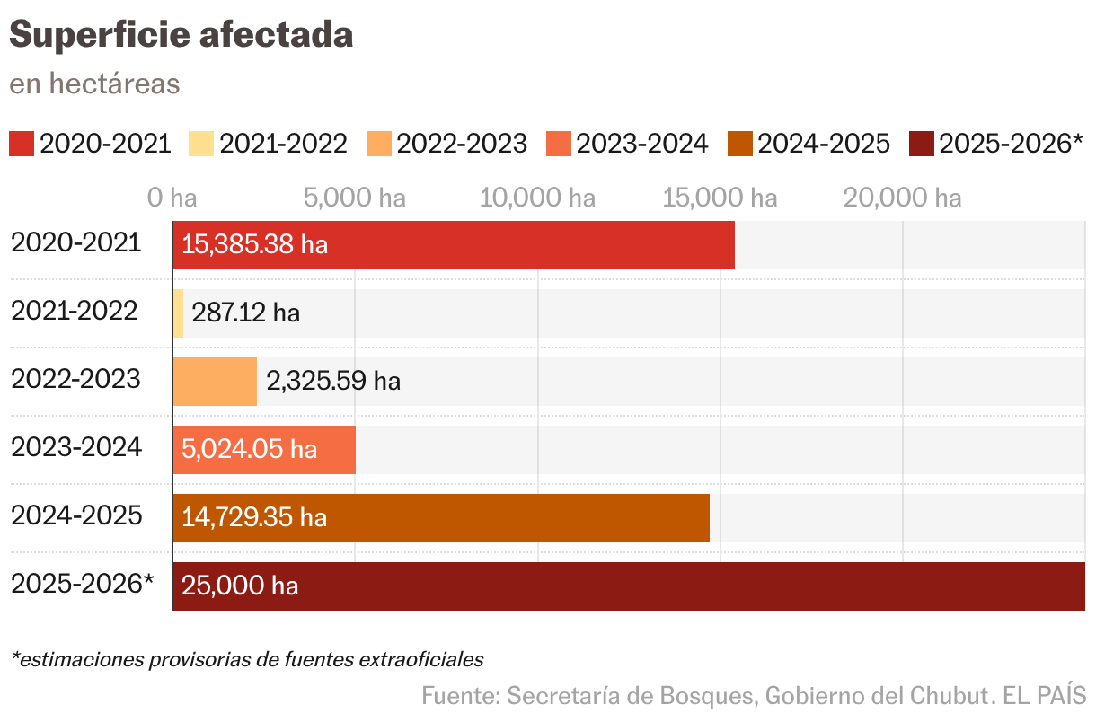 Víctimas de las tormentas de fuego en la Patagonia: “Vivimos en estado de alerta” Superficie afectada (Gráfico de barras)